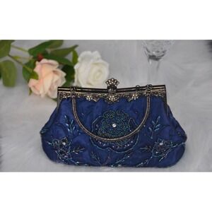 Navy Blue Vintage Gatsby Evening Bag Sequins Beading Clutch Purse Wedding Clutch